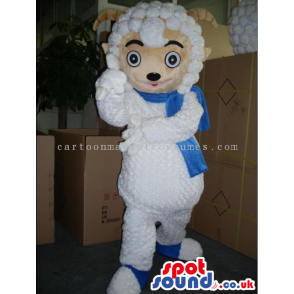 Cute White Sheep Animal Mascot Wearing A Blue Scarf - Custom