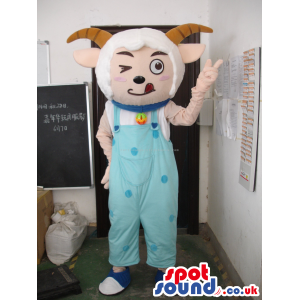Menace Boy Goat Animal Mascot Wearing Blue Overalls - Custom