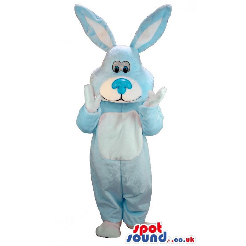 Blue colour cute bunny rabbit saying hi with his waving hand -