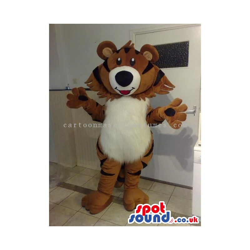 Brown Cute Tiger Animal Mascot With A Hairy White Belly -