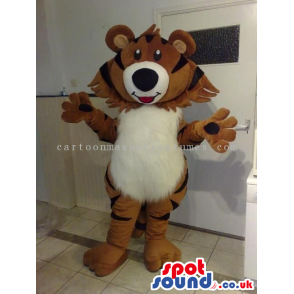 Brown Cute Tiger Animal Mascot With A Hairy White Belly -