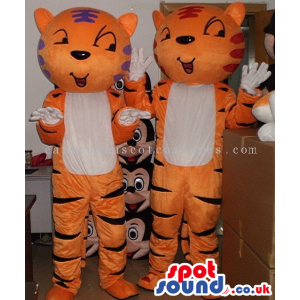 Two Twin Orange Funny Tiger Animal Mascots With A White Belly -