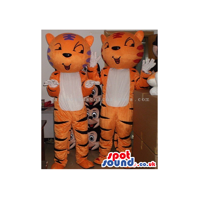 Two Twin Orange Funny Tiger Animal Mascots With A White Belly -