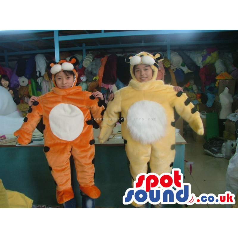 Two Tiger Animal Mascots Or Children Disguise With A Round