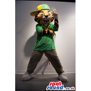 Tiger Plush Mascot Wearing A Green Shirt And A Cap - Custom