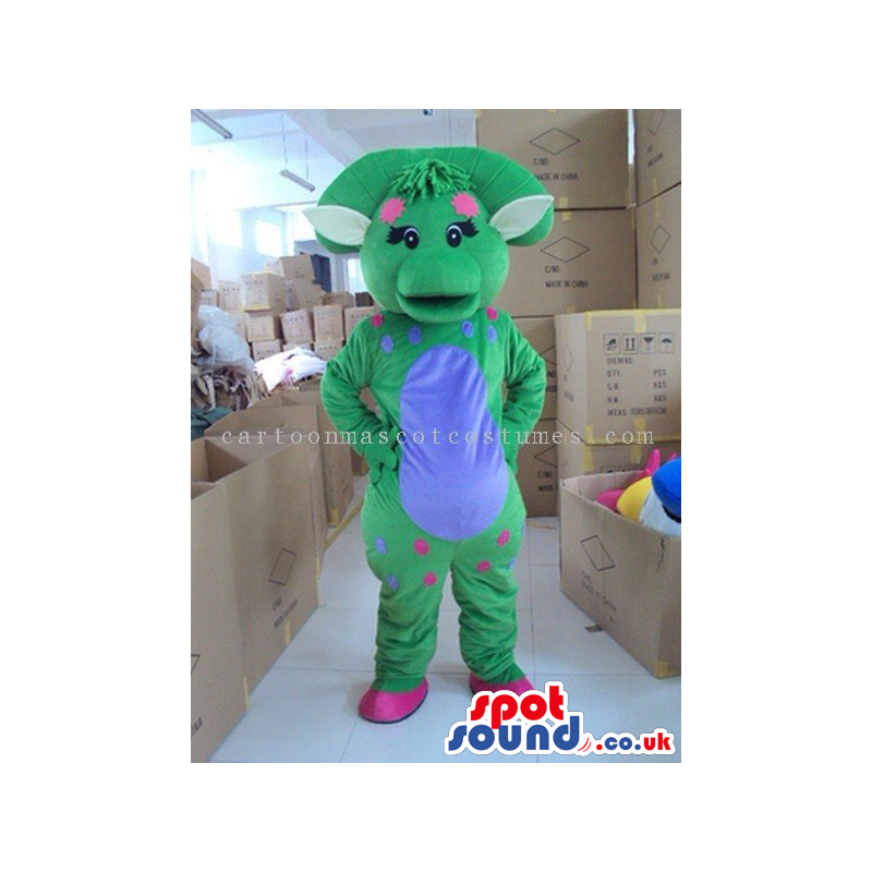 Green Creature Plush Mascot With A Blue Belly And Dots - Custom