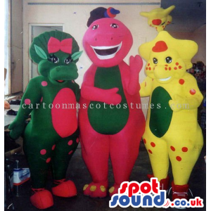 Three Creature Mascots In Different Colors And Sizes - Custom