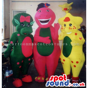 Three Creature Mascots In Different Colors And Sizes - Custom