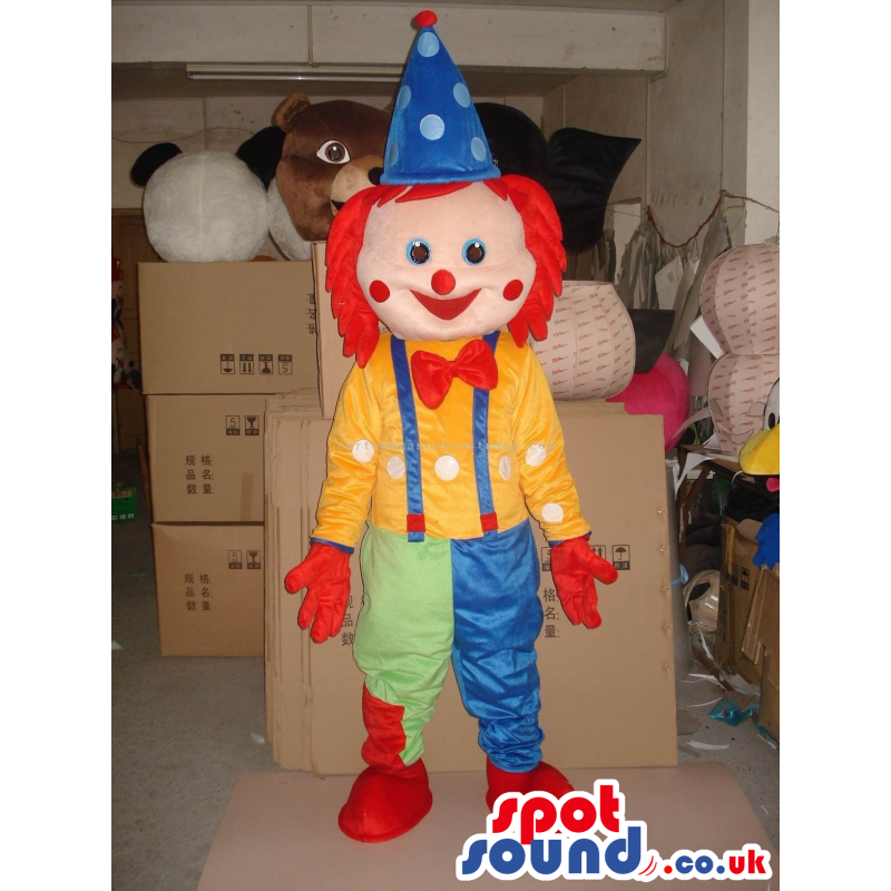 Funny Cute Colorful Clown Mascot With A Bow Tie And Red Hair -