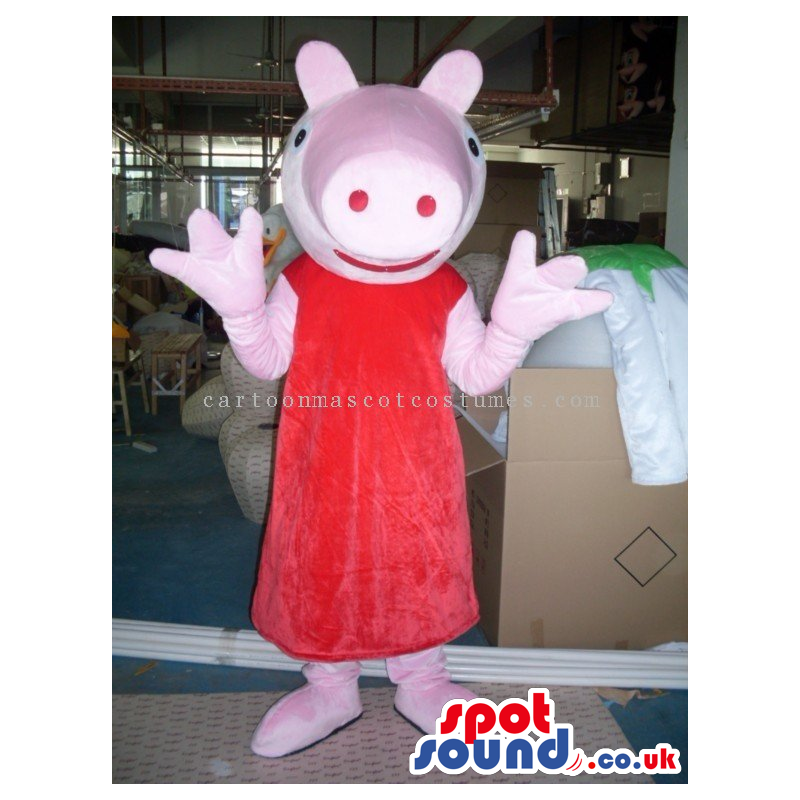 Customizable Cute Pig Girl Mascot Wearing A Red Dress - Custom