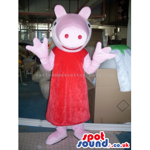 Customizable Cute Pig Girl Mascot Wearing A Red Dress - Custom