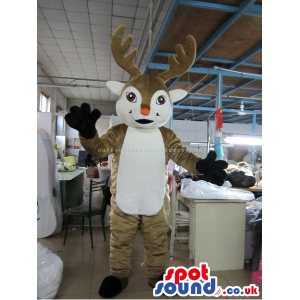 Reindeer Animal Mascot With A Beige Belly And Red Nose - Custom