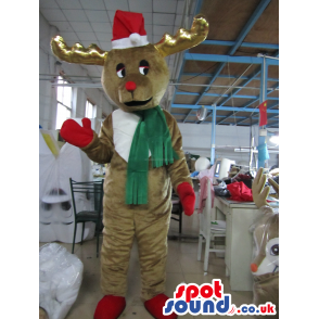 Reindeer Animal Mascot Wearing A Green Scarf And Gloves -