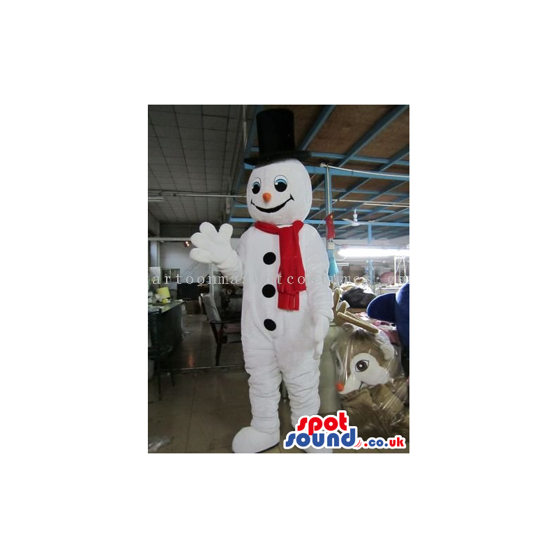 White Snowman Winter Christmas Mascot Wearing A Red Scarf -