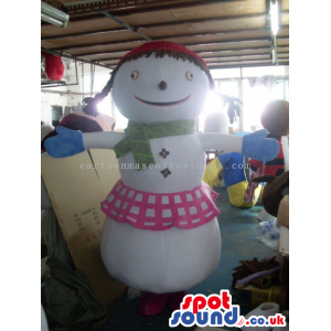 Snowman Girl Mascot Wearing A Green Scarf And A Skirt - Custom