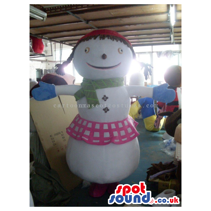 Snowman Girl Mascot Wearing A Green Scarf And A Skirt - Custom