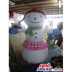 Snowman Girl Mascot Wearing A Green Scarf And A Skirt - Custom