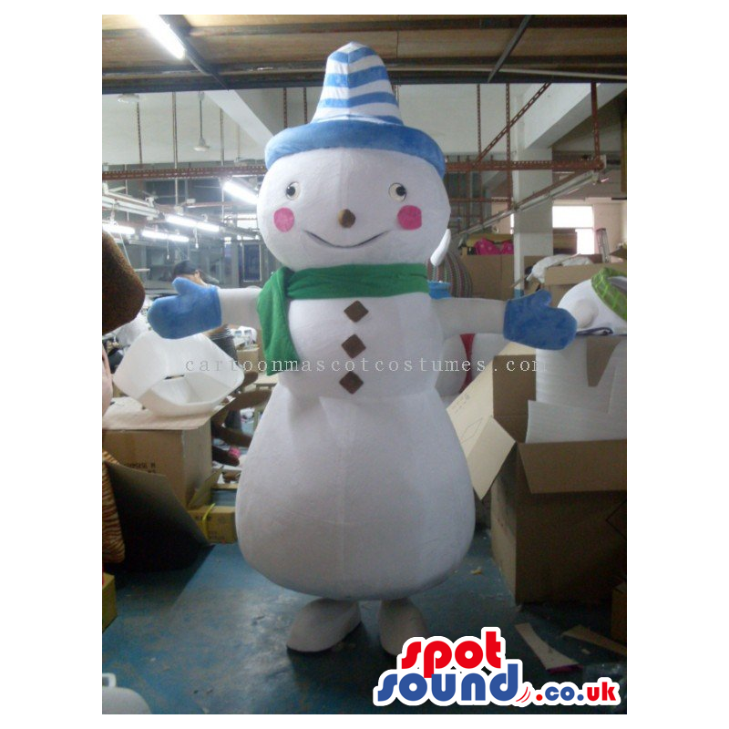 Snowman Mascot Wearing A Green Scarf And Blue Striped Hat -
