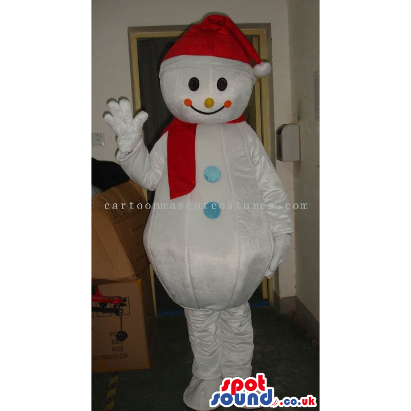 Cute Snowman Mascot Wearing A Red Scarf And A Hat - Custom