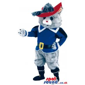 Cat mascot in blue blouse and black boots with a red hat -
