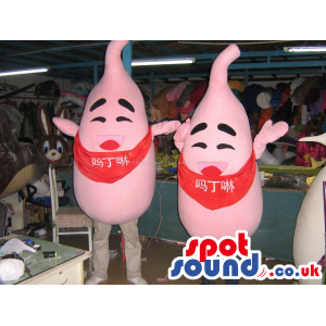 Two Pink Character Mascots Wearing A Red Neck Scarf With Text -