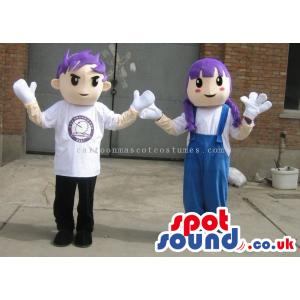 Couple Boy And Girl Character Mascot With Purple Hair - Custom
