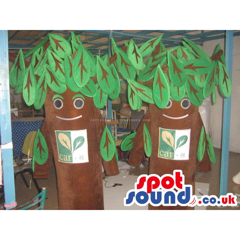 Two Trees Nature Character Mascots With Green Leaves And Logo -