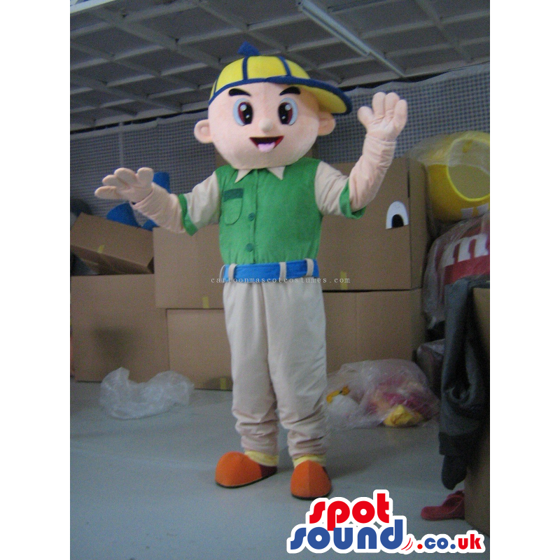 Boy Character Human Mascot Wearing A Green Shirt And A Yellow