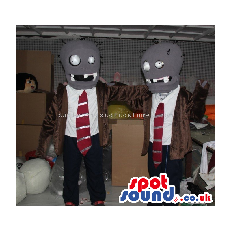 Two Grey Creature Mascots Wearing A Suit And Red Tie - Custom