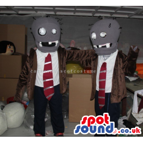 Two Grey Creature Mascots Wearing A Suit And Red Tie - Custom