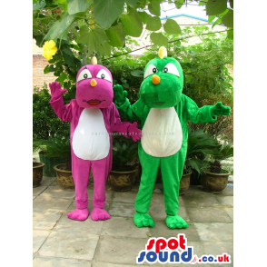 Two Dragon Mascots In Green And Purple With A White Belly -