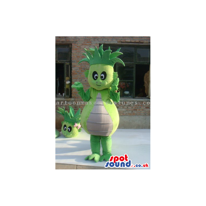 Green And Yellow Creature Character Mascot With A White Belly -