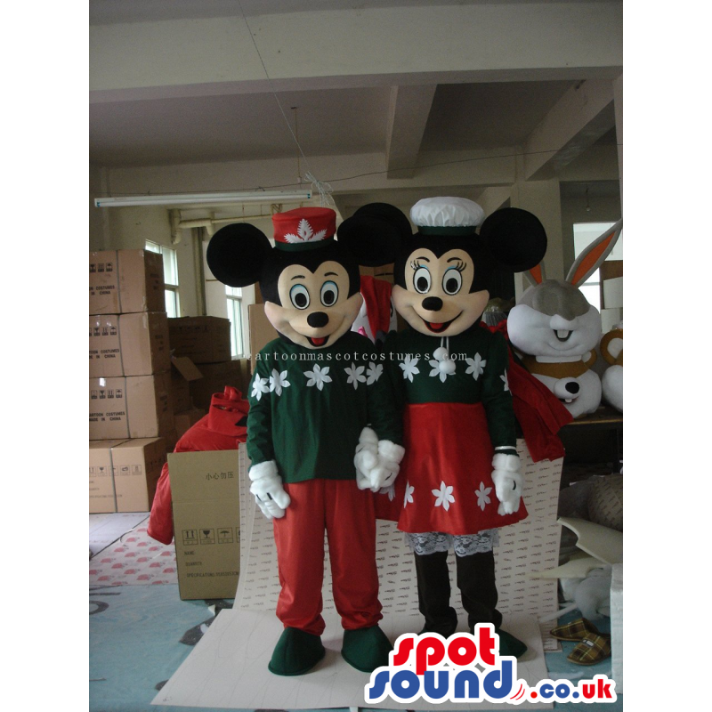 Mickey And Minnie Mouse Couple Mascots In Winter Clothes -