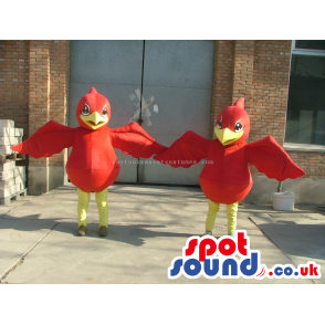 Customizable Two Red Bird Mascots With Yellow Legs And Beaks -