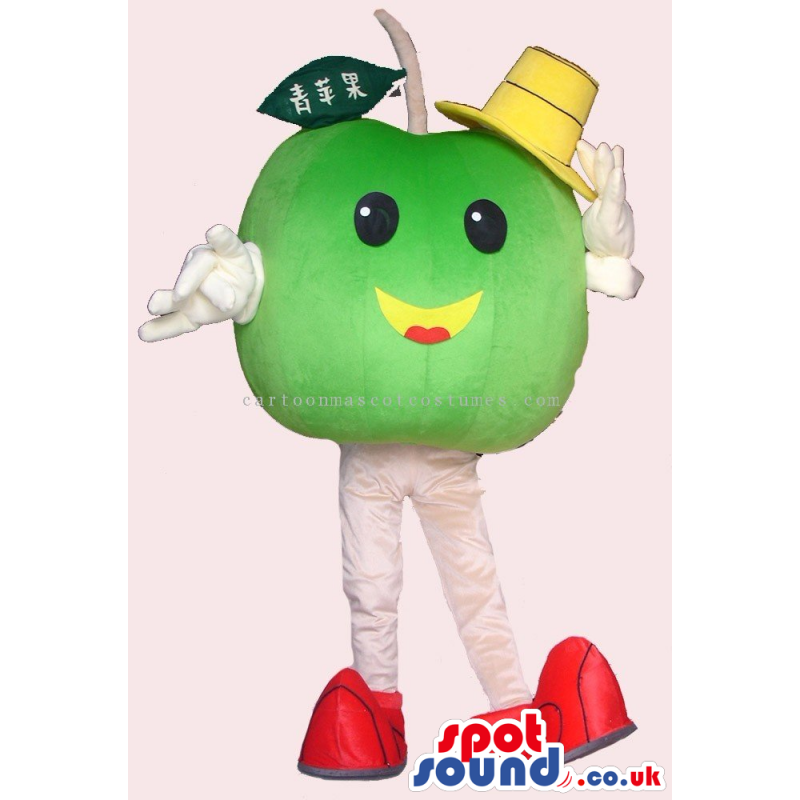 Cute Green Apple Fruit Plush Mascot Wearing A Yellow Hat -
