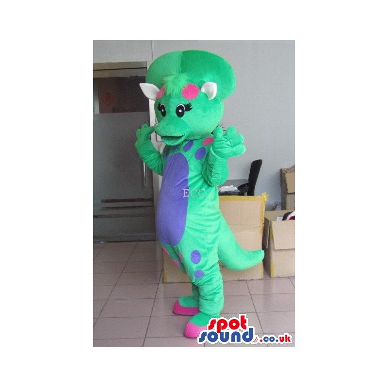 Green Dinosaur Mascot With A Blue Belly And A Bone - Custom