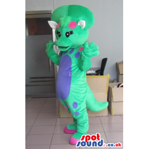 Green Dinosaur Mascot With A Blue Belly And A Bone - Custom