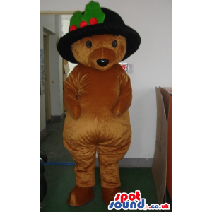 Brown Plush Teddy Bear Mascot Wearing A Black Hat - Custom