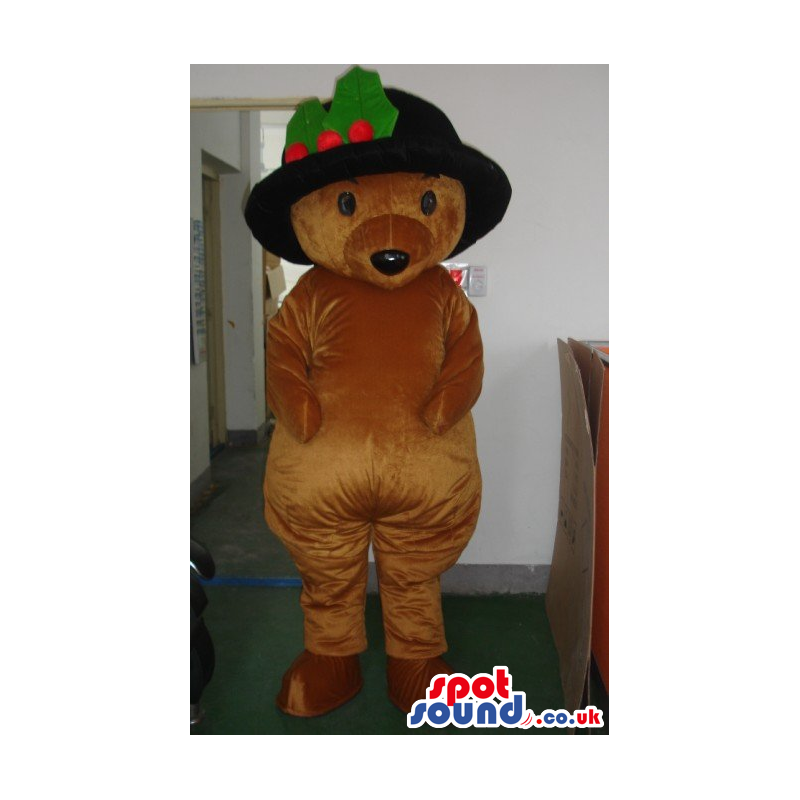 Brown Plush Teddy Bear Mascot Wearing A Black Hat - Custom