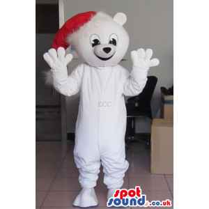 White Polar Bear Plush Animal Mascot Character In Christmas Hat