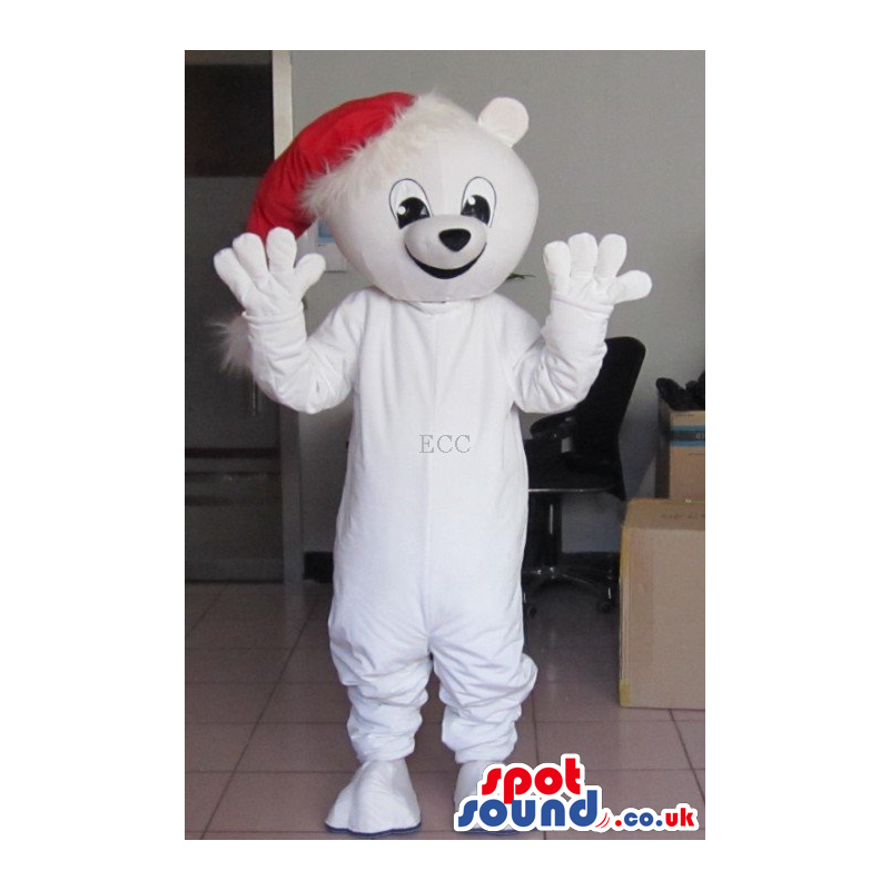 White Polar Bear Plush Animal Mascot Character In Christmas Hat