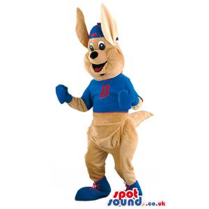 Kickboxing bunny mascot in blue t-shirt and blue shoes - Custom