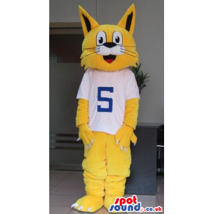 Yellow Cat Mascot Wearing A White T-Shirt With Number 5 -