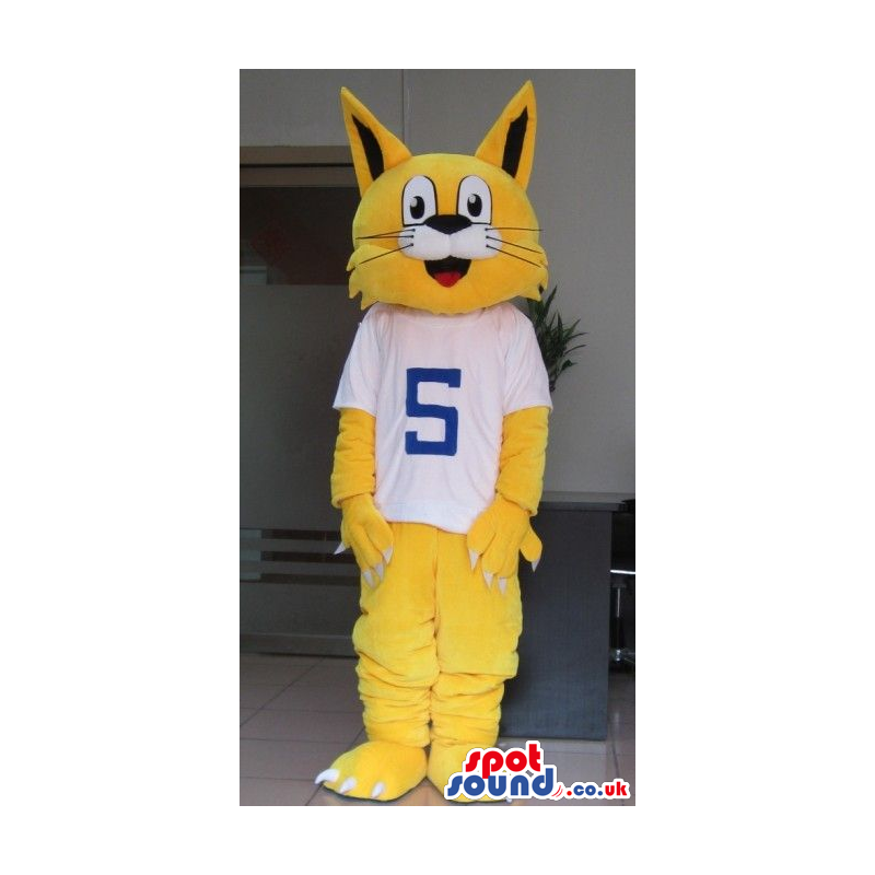Yellow Cat Mascot Wearing A White T-Shirt With Number 5 -