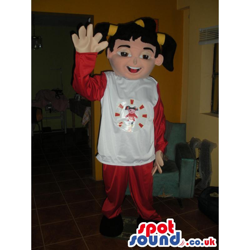 Girl mascot with pick tails, red and white outfit and black