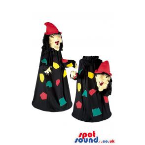 Witch mascot with witch hat & in black cloak with multicolour -