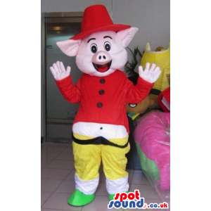 Cute Pig Animal Mascot Wearing Special Garments Like A Red Hat