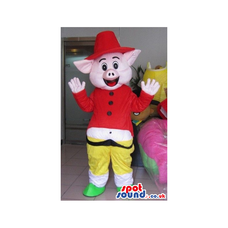 Cute Pig Animal Mascot Wearing Special Garments Like A Red Hat