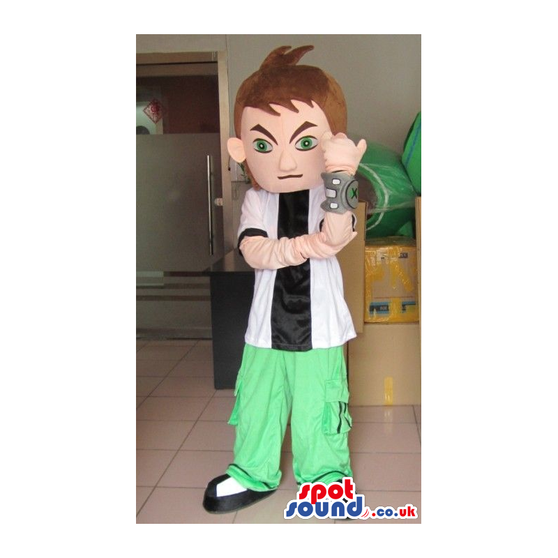 Human Boy Character Mascot Wearing Green Pants And A Device -