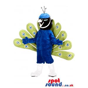 Peacock mascot with blue colour and green colour feathers -